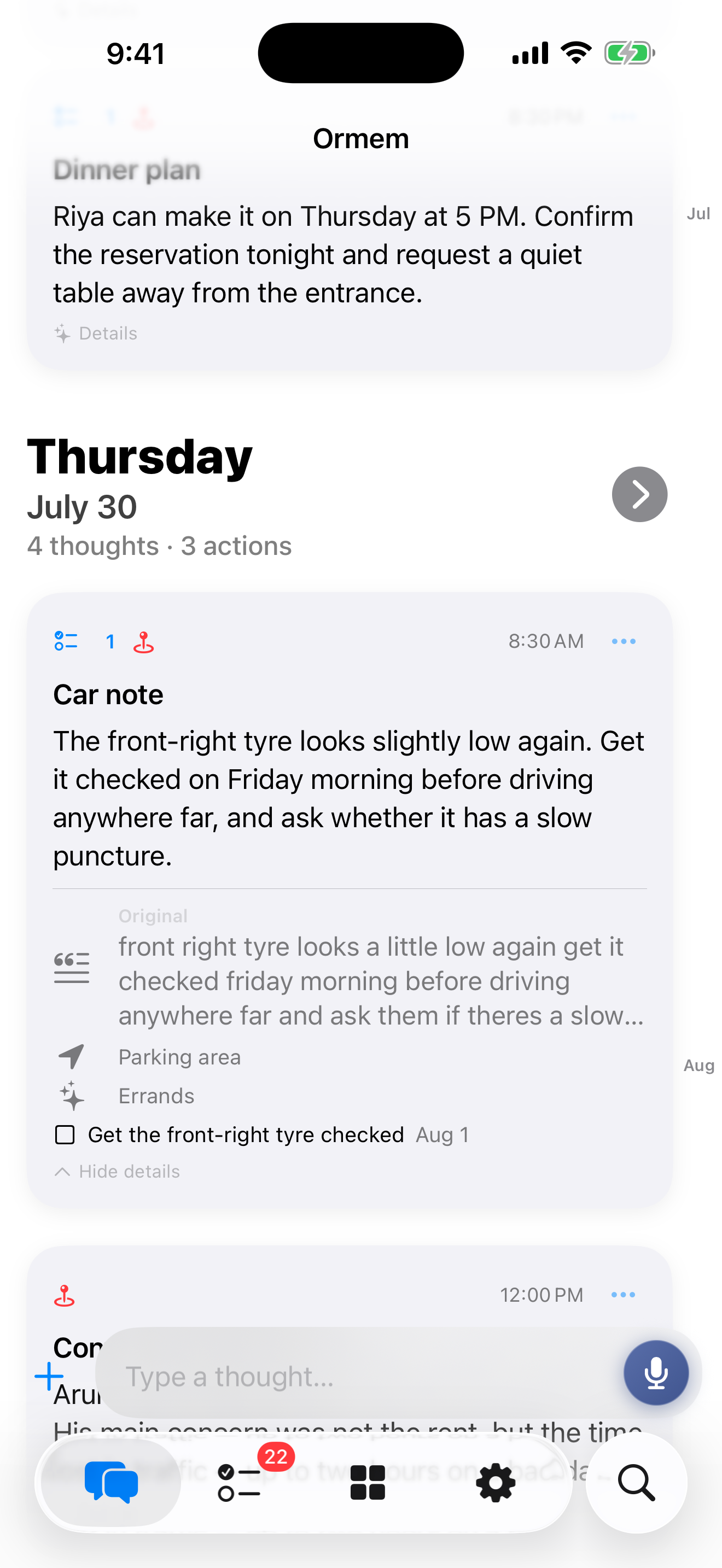 Ormem preserving the original thought while adding a summary, topics, location, and an action