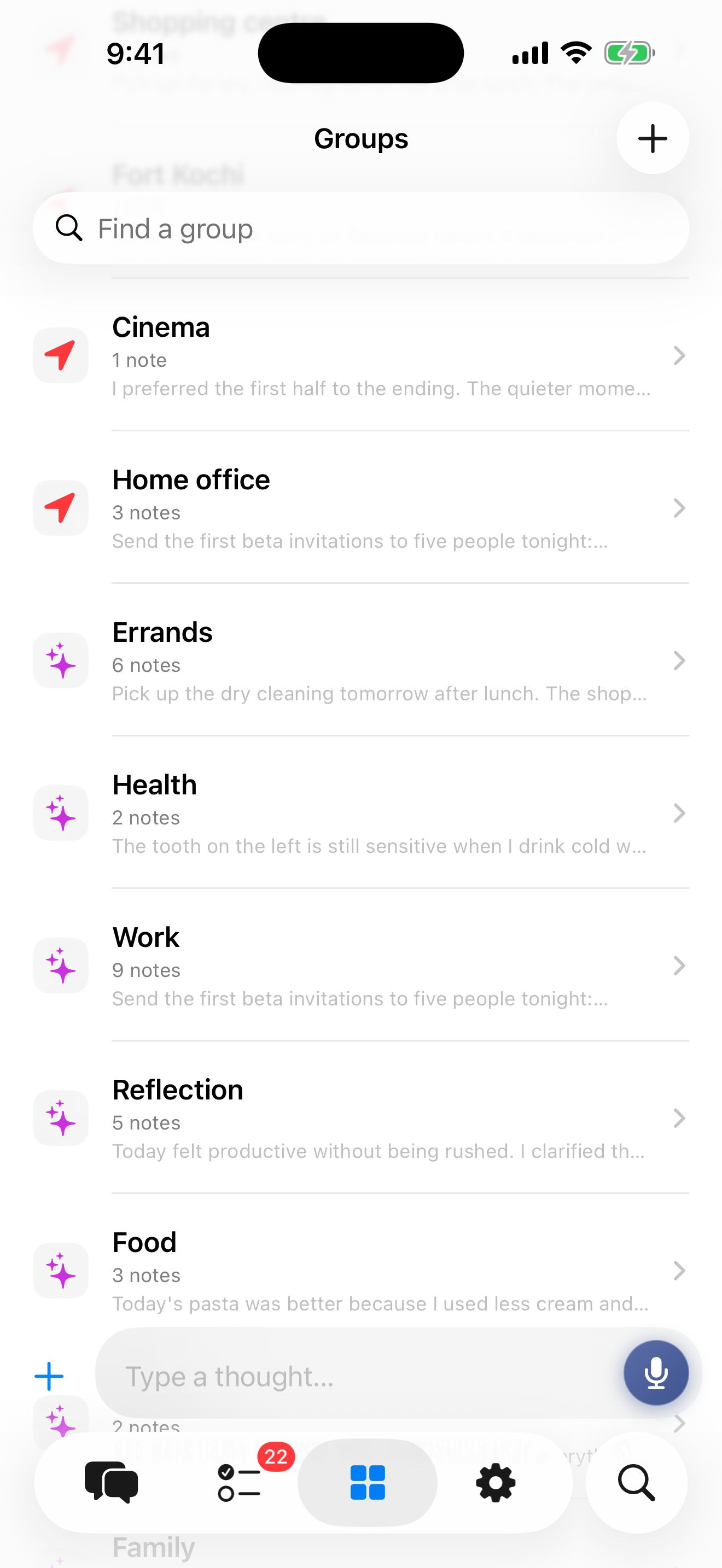 Ormem groups view organizing notes into places and topics