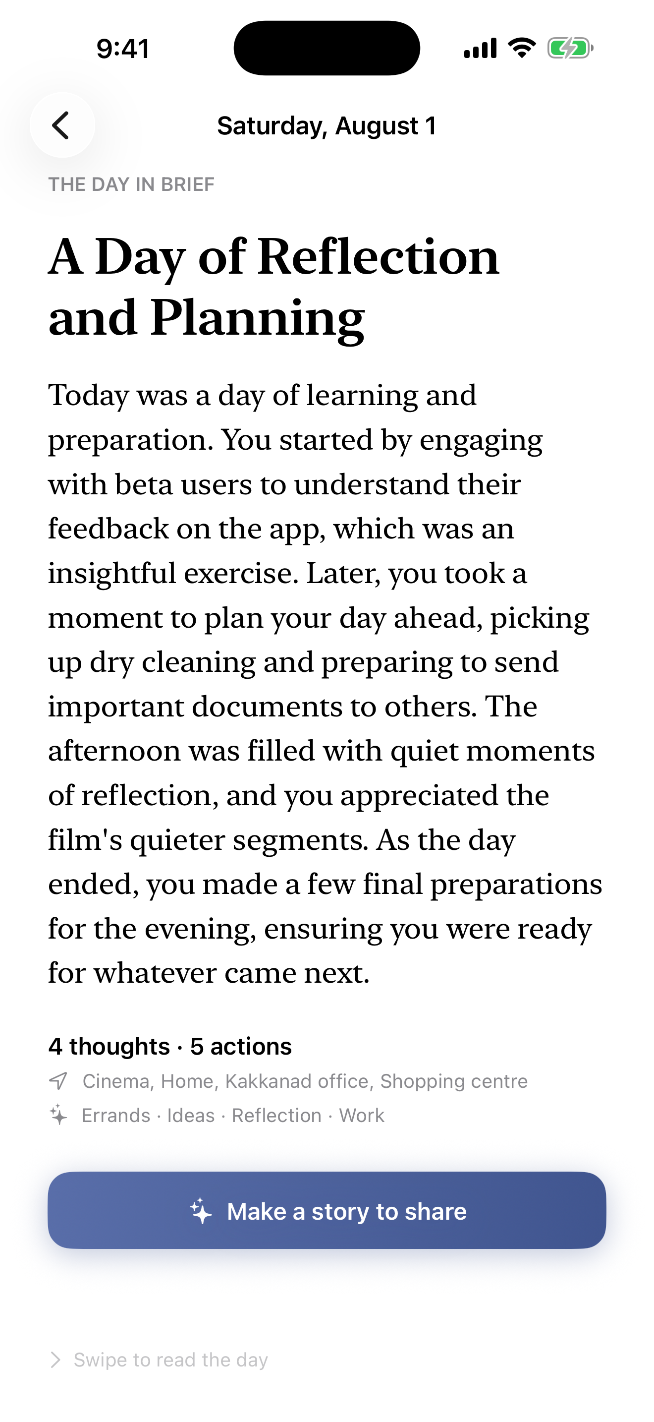 Ormem daily recap summarizing the day's thoughts and actions